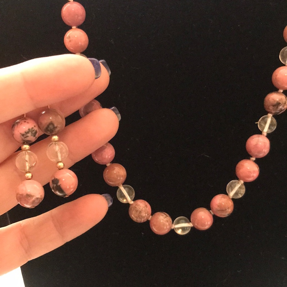 20” long Rhodonite stone necklace with matching earring set